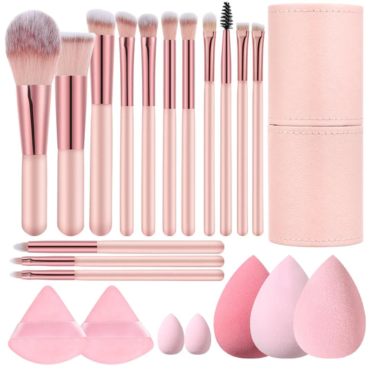 14 Pcs Small Travel Makeup Brush Set Portable Pink Make up Brushes with Case5 Pcs Makeup SpongeValentines Day GiftMothers Day Gift for Foundation Powder Concealers Eye Shadows(Pink)